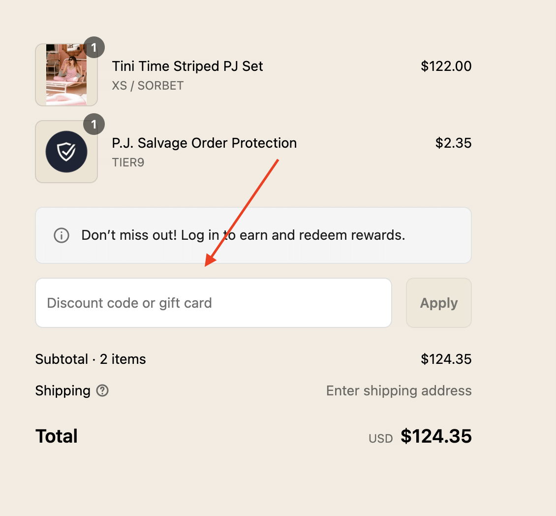 PJ Salvage promo code box on checkout page
