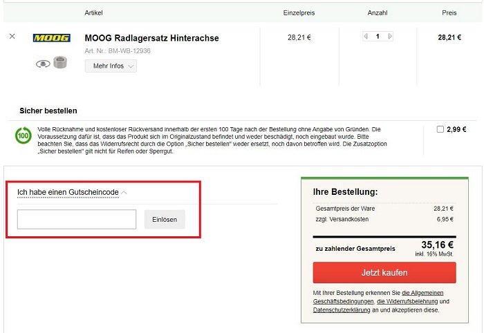 Eingabefeld für den Pkwteile.de-Gutschein im Warenkorb des Online-Shops