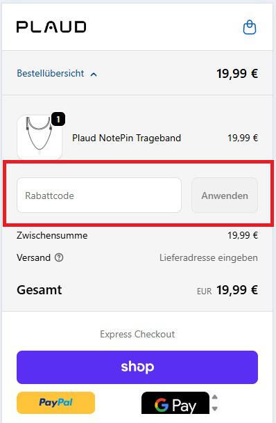 Screenshot vom Eingabefeld für den PLAUD Rabattcode