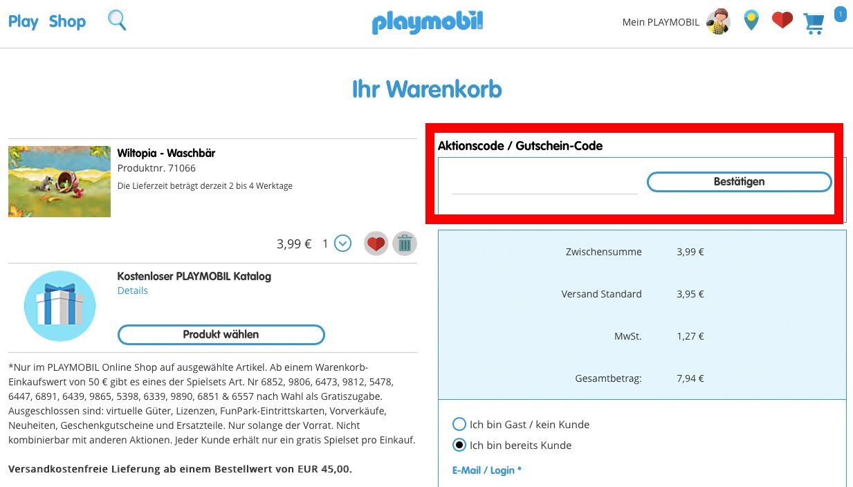 Eingabefeld für einen Playmobil Gutschein im Warenkorb