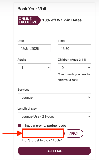 Plaza Premium Lounge promo code box at checkout