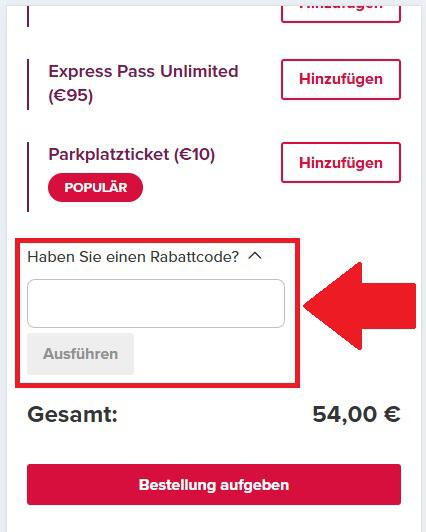 Screenshot vom Eingabefeld für einen Plopsaland Rabattcode