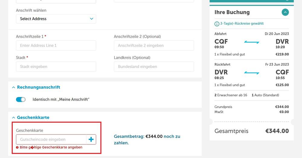 Eingabefeld im Schritt „Zahlung“, wo der P&O Ferries Gutschein eingelöst werden kann