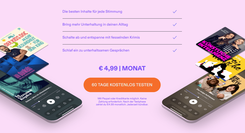 Banner für das Podimo-Abo für 4,99 Euro pro Monat mit 60-tägigem Gratis-Testzeitraum