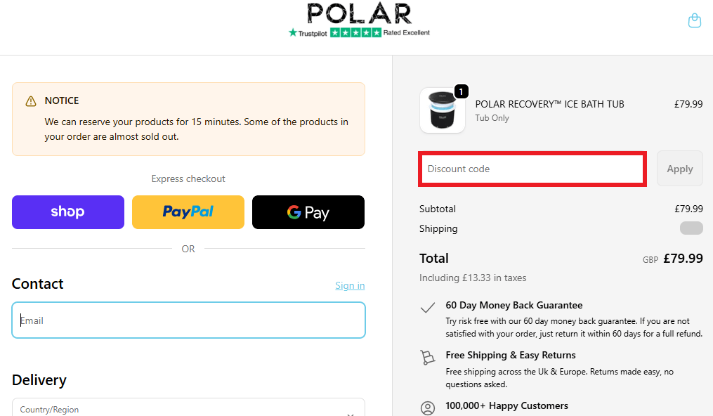 Polar Recovery discount code box in shopping cart
