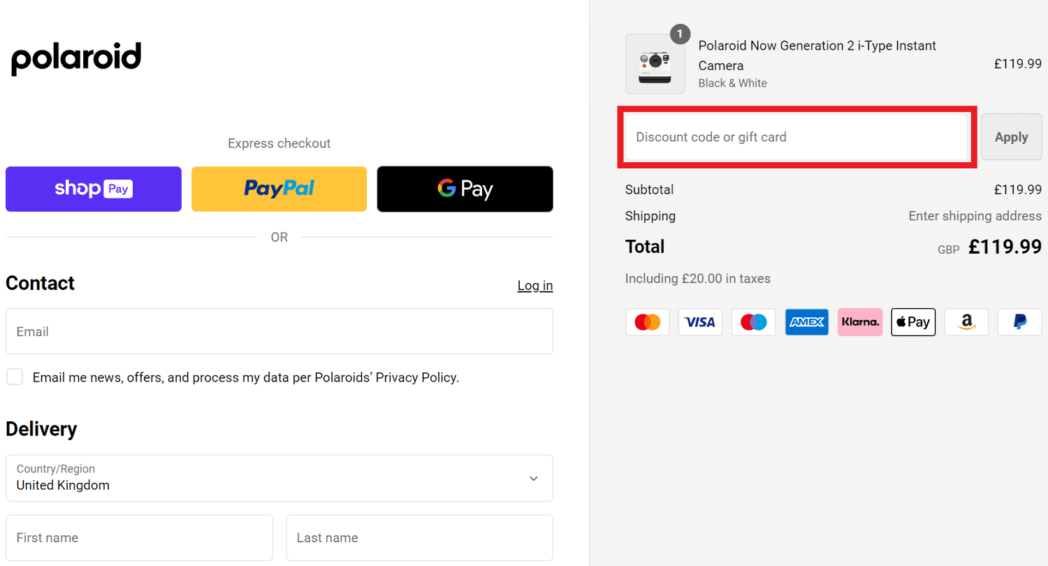 Polaroid discount code redemption box image