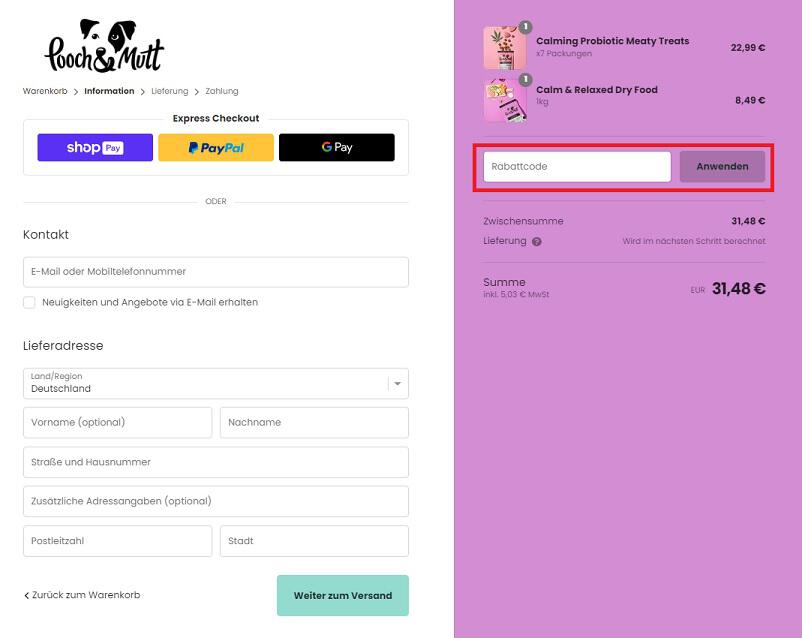 Screenshot aus dem Warenkorb des Shops mit Gutscheinfeld, wo du einen Pooch & Mutt Gutschein anwenden kannst