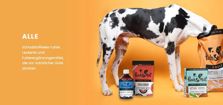 Banner für die Pooch & Mutt Gutscheinseite: Dalmatiner futtert direkt aus der Pooch & Mutt Tüte vor orangem Grund
