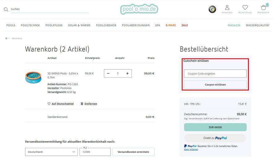 Screenshot aus dem Warenkorb mit Eingabefeld zum Poolomio Gutschein einlösen