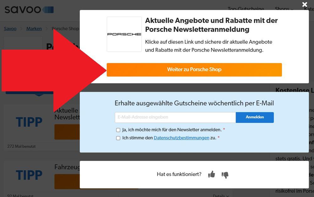 Porsche Shop Gutschein mit Klick auf den Angebotscoupon bei Savoo einlösen
