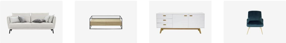 Banner für die Porta Gutscheinseite mit Kategoriefotos für Sofas, Couchtische, Sideboards und Sessel