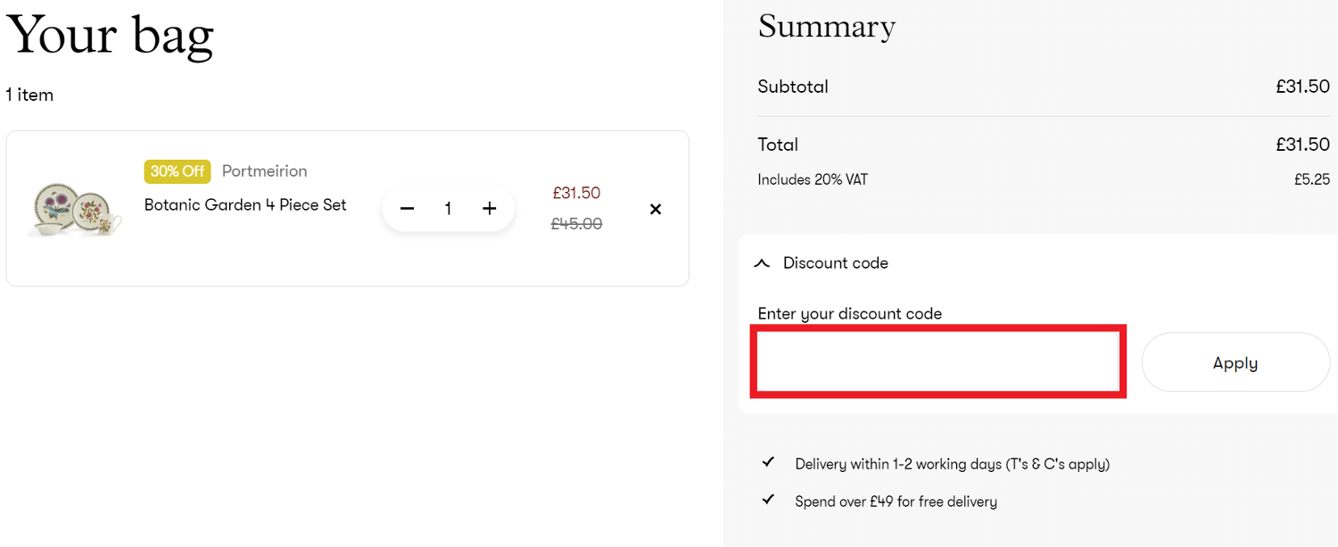 Portmeirion discount code redemption box