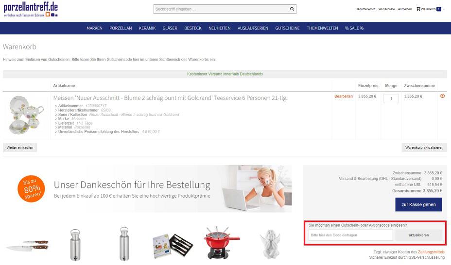Screenshot aus dem Warenkorb mit dem Hinweis darauf, wo du den Porzellantreff Gutschein einlösen kannst