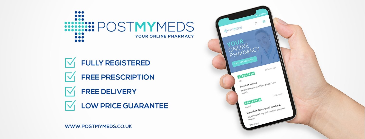 Post My Meds banner advert. Text reads: fully registered, free prescription, free delivery, low price guarantee