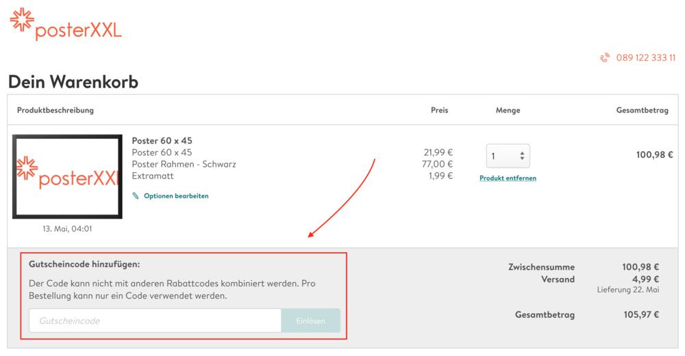 Warenkorb-Screenshot mit Eingabefeld für deinen Poster XXL Gutschein