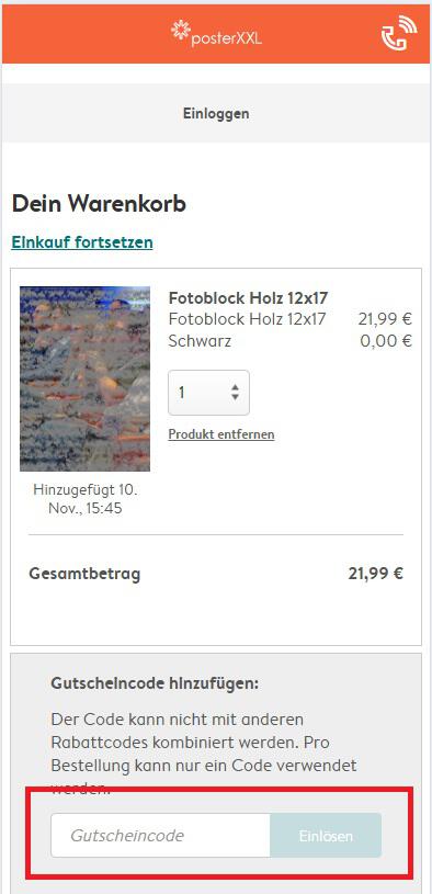 Warenkorb-Screenshot mit Eingabefeld für einen Poster XXL Gutscheincode