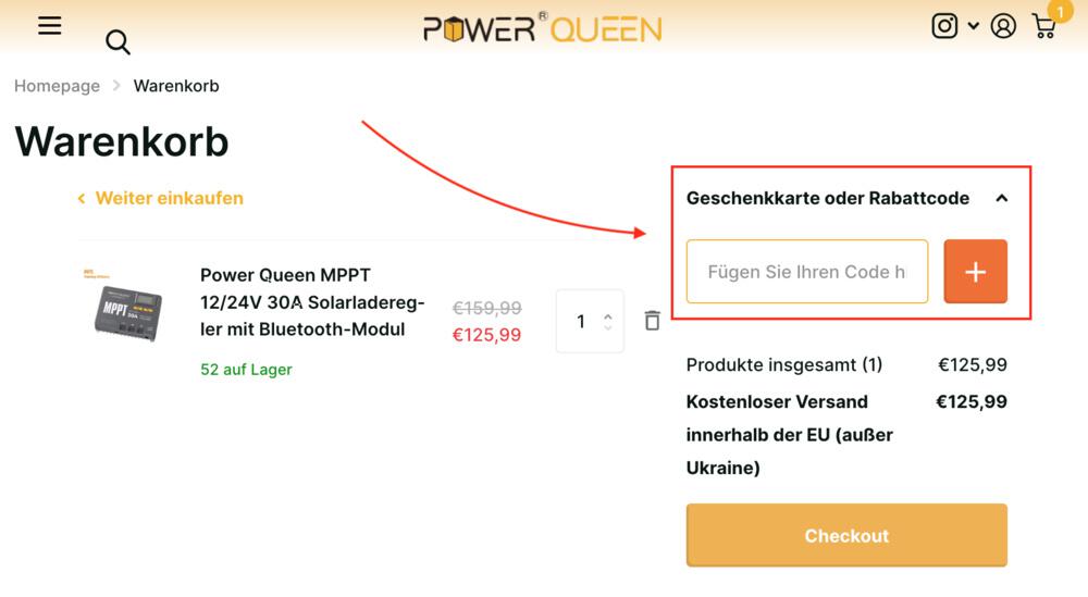 Einen Power Queen Gutschein im Warenkorb einlösen
