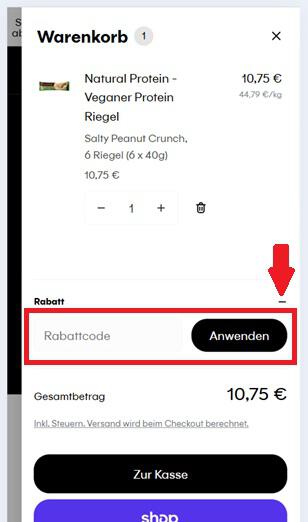 Eingabefeld für einen PowerBar Rabattcode im Warenkorb