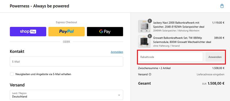 img: powerness-gutschein-einloesen / alt: Screenshot aus dem Warenkorb mit Hinweis darauf, wie du den Powerness Gutschein einlösen kannst.