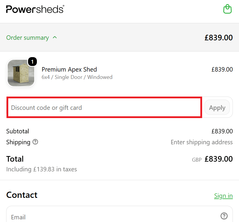 Powersheds discount code redemption box in shopping cart