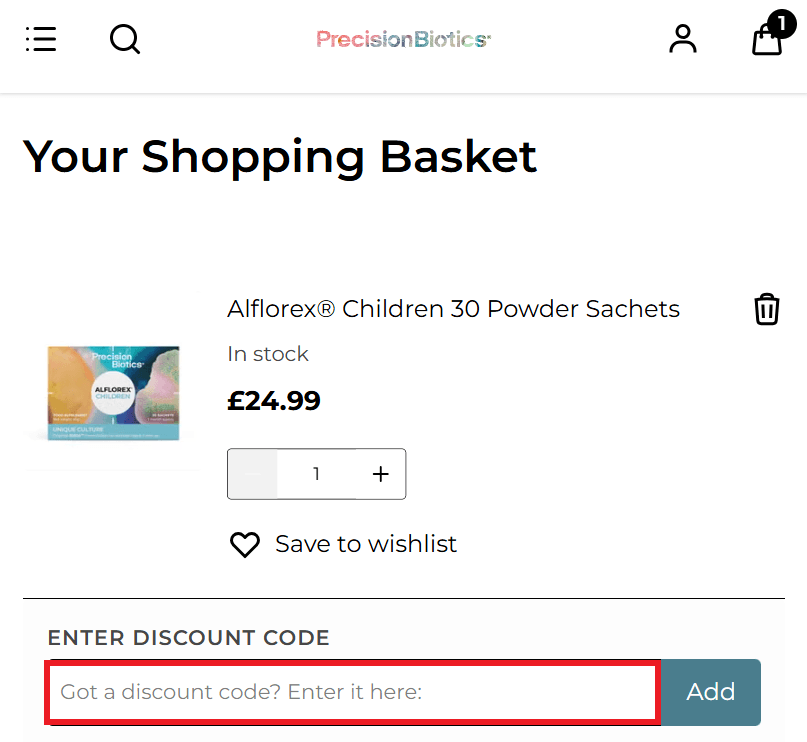 Precision Biotics discount code box in shopping basket image