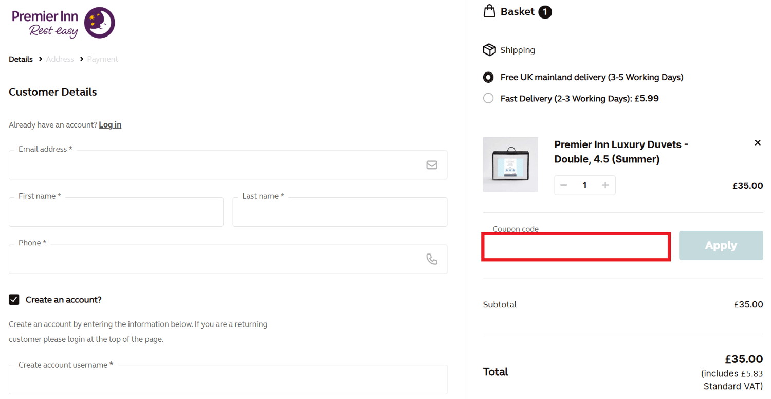 Premier Inn at Home discount code box during checkout image