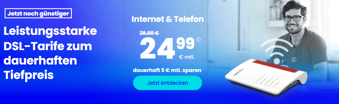 Banner für ein PremiumSIM-DSL-Angebot mit monatlich 5 € Rabatt