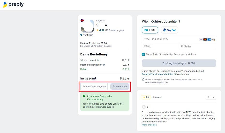 Screenshot aus dem Warenkorb mit Eingabefeld für den Preply Gutschein