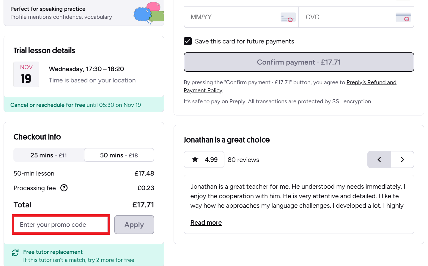 Preply promo code redemption box during checkout