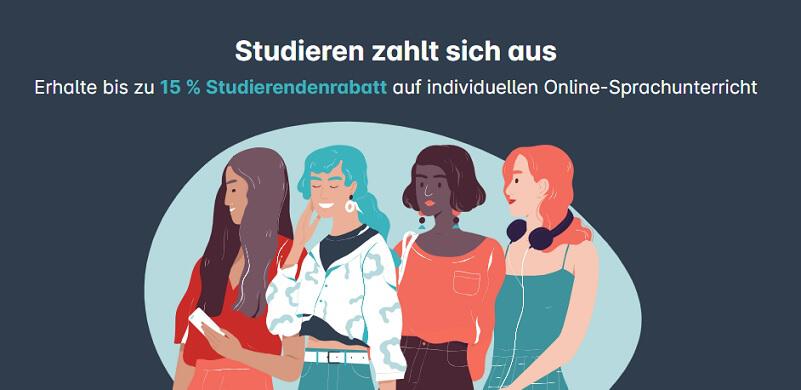 Gezeichnete junge Frauen vor hell- und dunkelblauem Grund weisen auf den 15 % Preply Studentenrabatt hin.