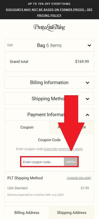 Prettylittlething coupon code box