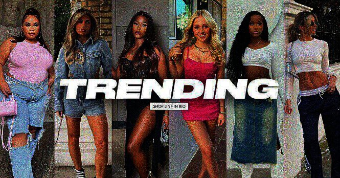 Models in Kleid oder Hose und Crop-Top mit dem Hinweis auf aktuelle Trends als Banner der PrettyLittleThing Gutscheinseite