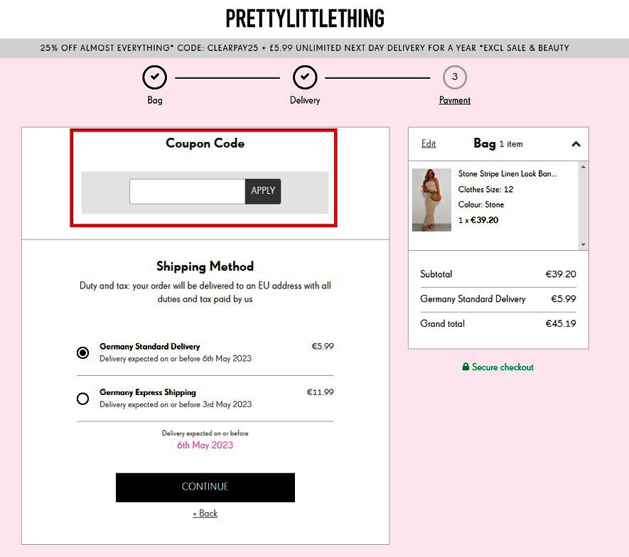 Screenshot aus dem Warenkorb mit Eingabefeld zum Einlosen vom PrettyLittleThing Rabattcode