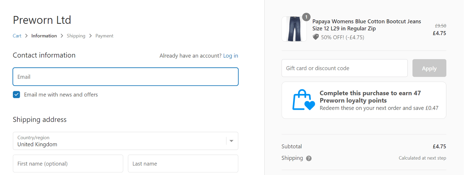 Preworn discount code box