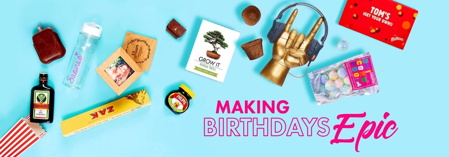 A selection of personalised gifts from Prezzybox: Marmite, Maltesers, Love Island water bottle, Toblerone, photo frame and bonsai tree growing kit