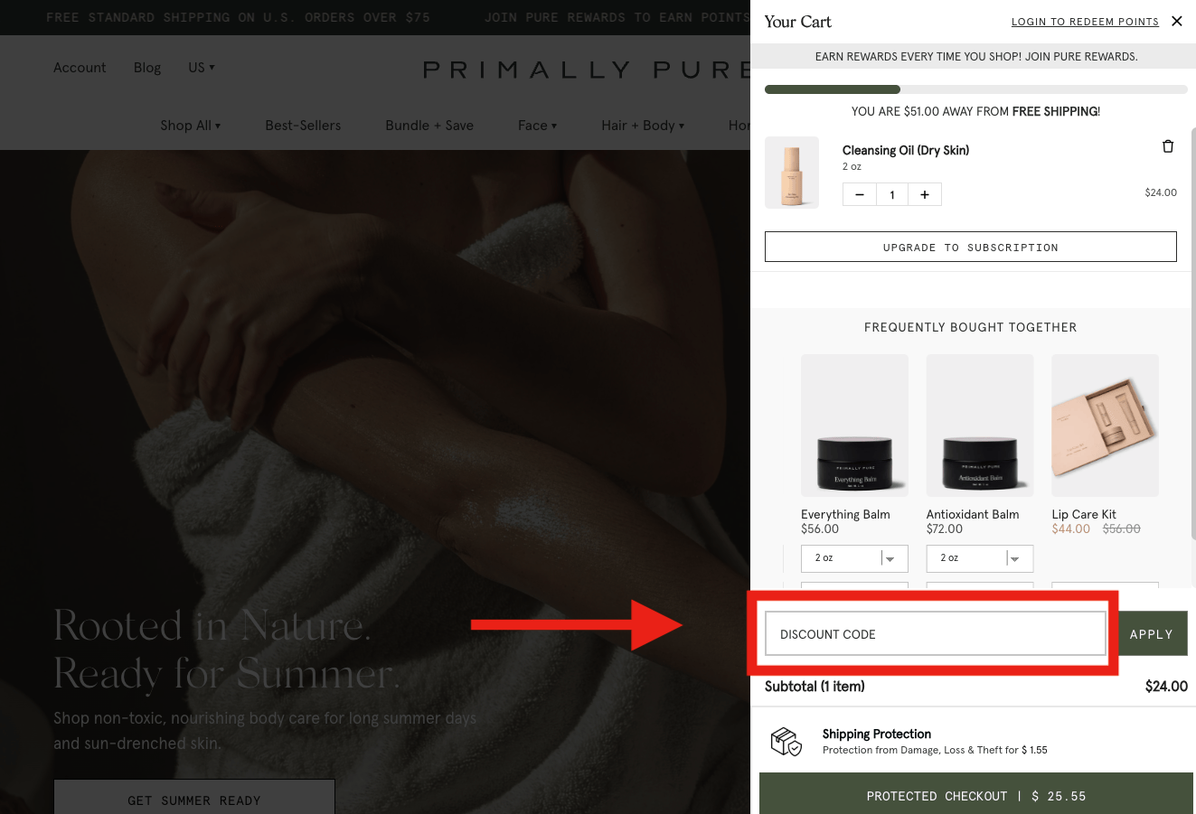 red arrow pointing to primally pure discount code box