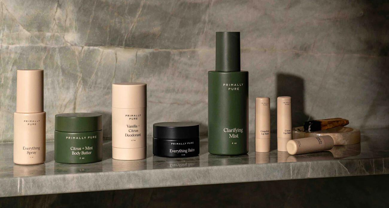 primally pure skincare placed in a row