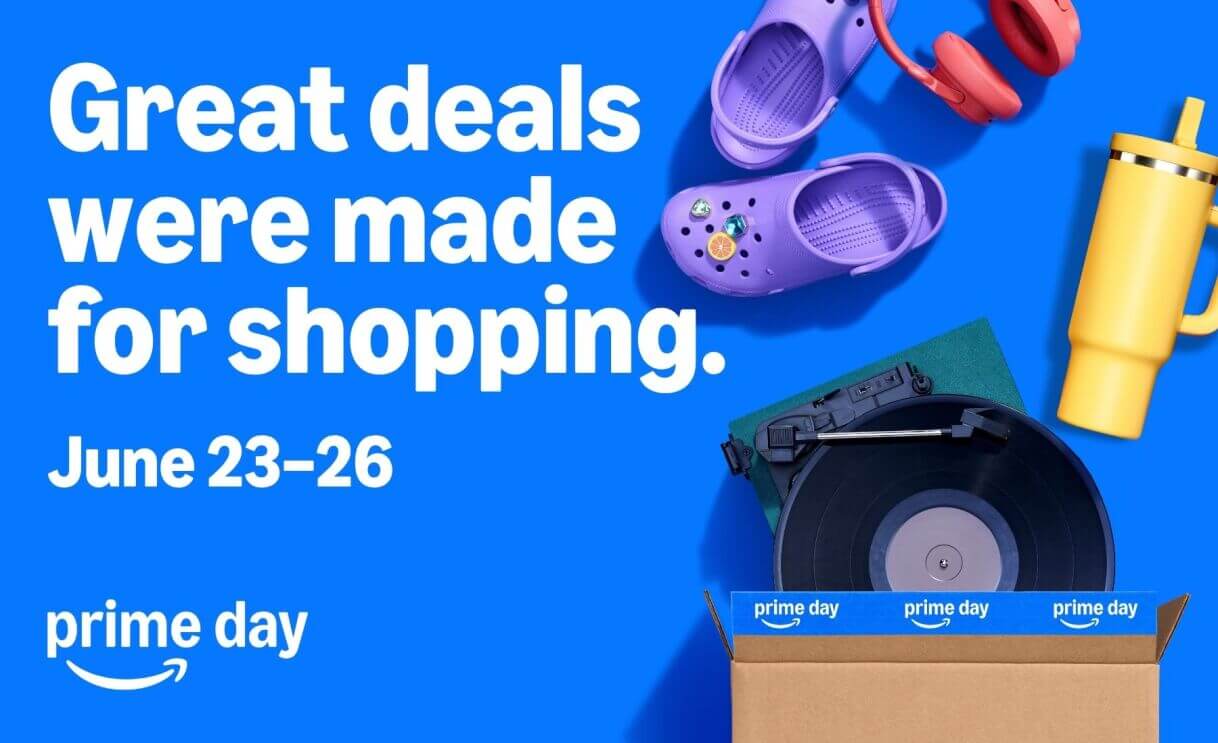 Prime Day 2026 banner showing the event dates and a brown parcel with selected products on a blue background