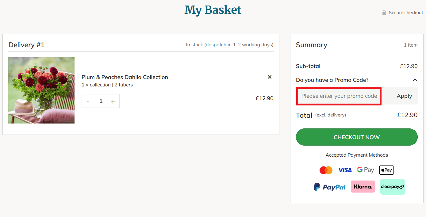 How to use a Primrose discount code image showing the redemption box in basket