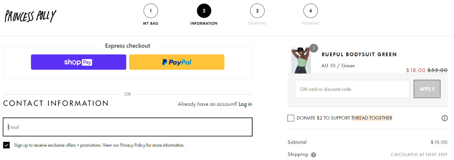 Screenshot of the Princess Polly discount code box on the checkout page