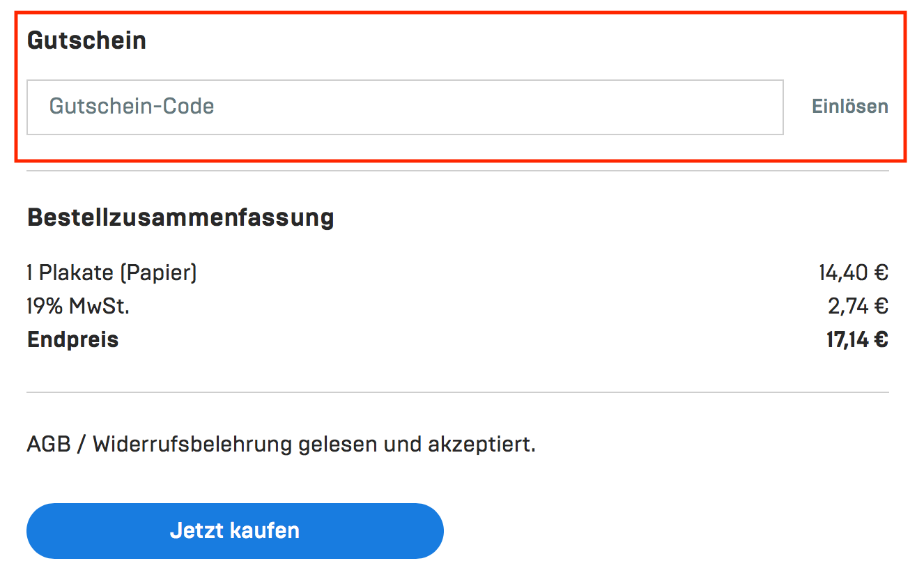 Eingabefeld für den print24 Gutschein im Warenkorb