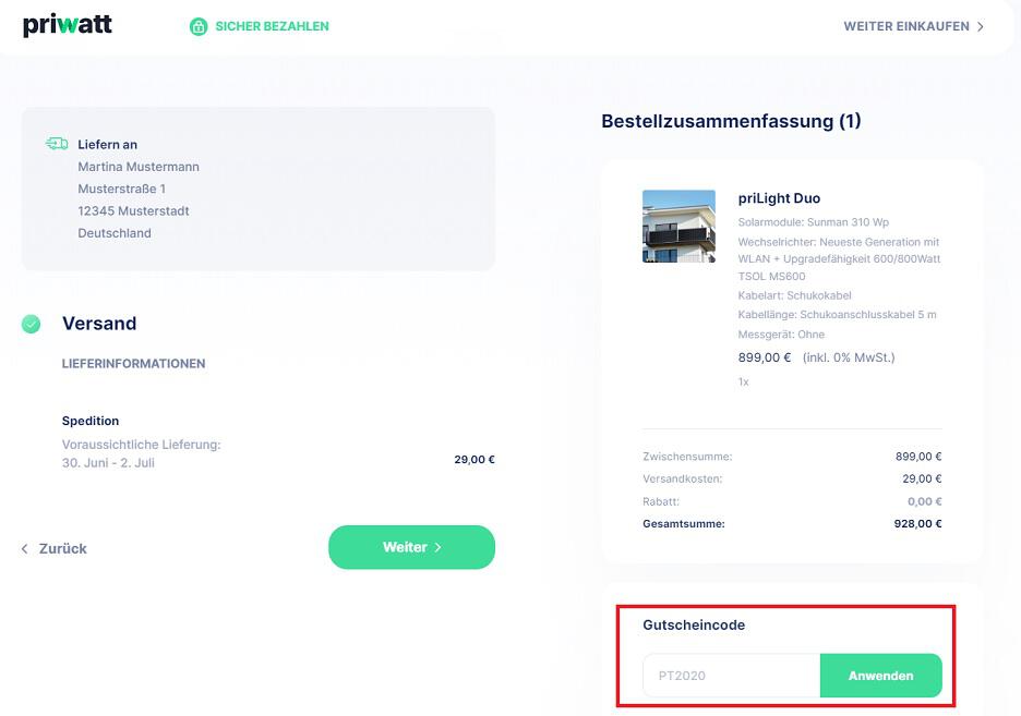 Screenshot von der virtuellen Kasse und dem Eingabefeld, wo du einen priwatt Gutschein anwenden kannst