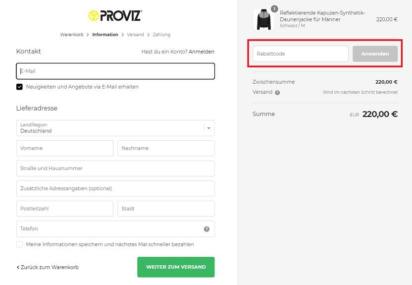 Screenshot aus dem Warenkorb mit Hinweis darauf, wo du den Proviz Gutschein anwenden kannst