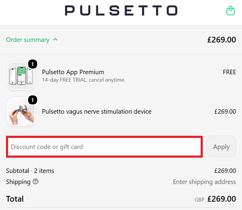 Pulsetto discount code redemption box screenshot