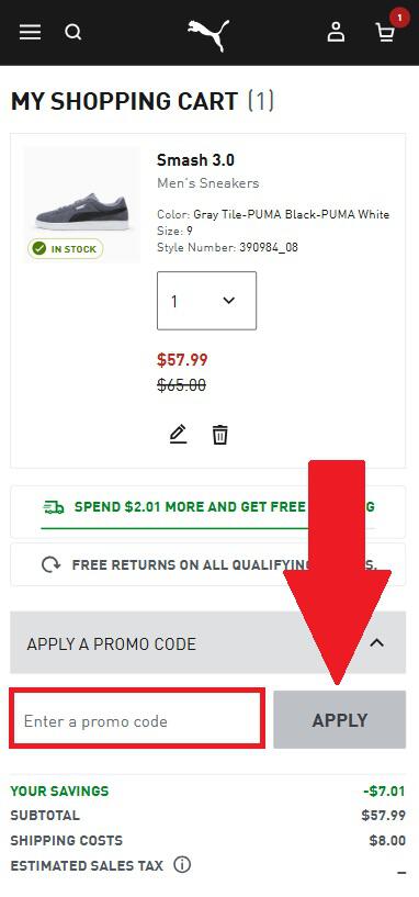 Puma coupon code box