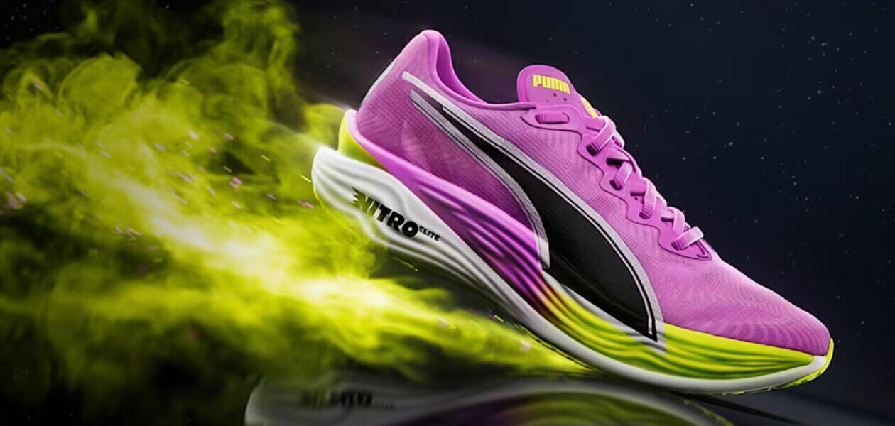 Puma ways to save banner - A purple sneaker with yellow smoke and light emitting from the rear tread