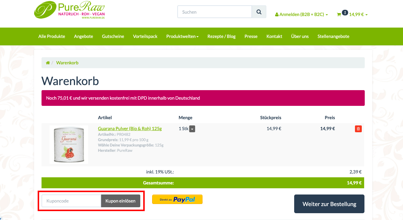 Löse deinen PureRaw-Gutschein einfach im Warenkorb des Online-Shops ein.