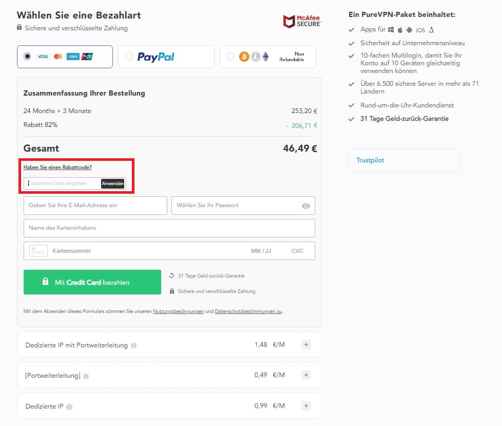 Bild mit Bezahlmethode und Eingabemöglichkeit zum PureVPN-Gutschein-Anwenden