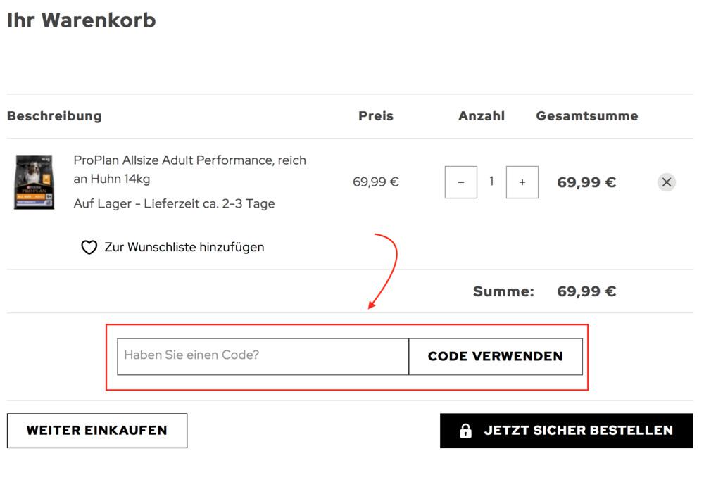 Warenkorb-Screenshot mit Eingabefeld für deinen Purina Gutschein