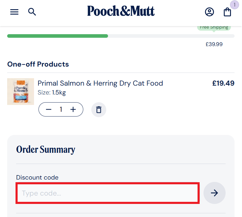 Purr & Miaow discount code redemption box screenshot